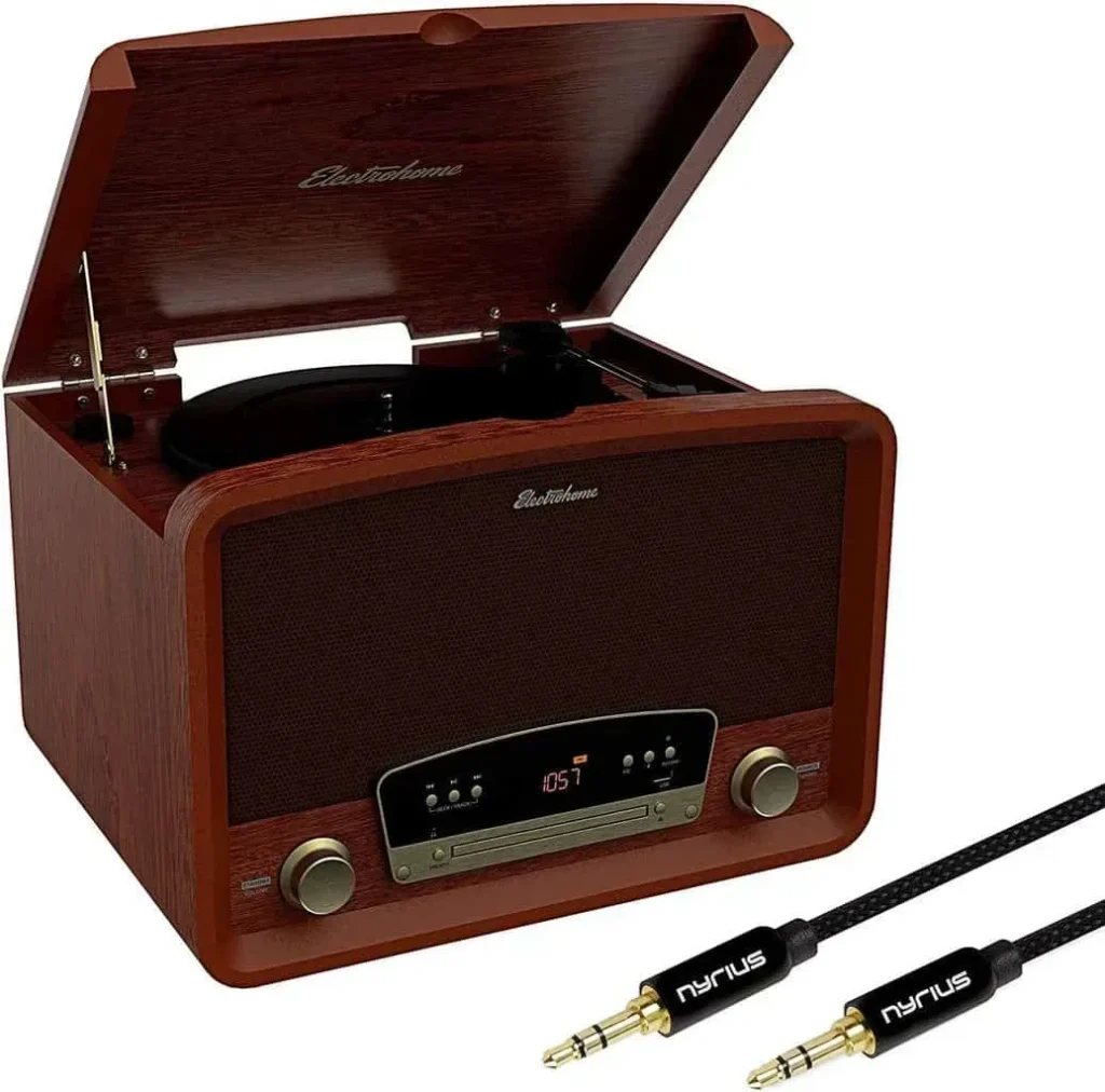 Electrohome Kingston 7-in-1 Vintage Vinyl Record Player Stereo System with 3-Speed Turntable, Bluetooth, AM/FM Radio, CD, Aux in, RCA/Headphone Out with Bonus 3.5mm Aux Cable (RR75)