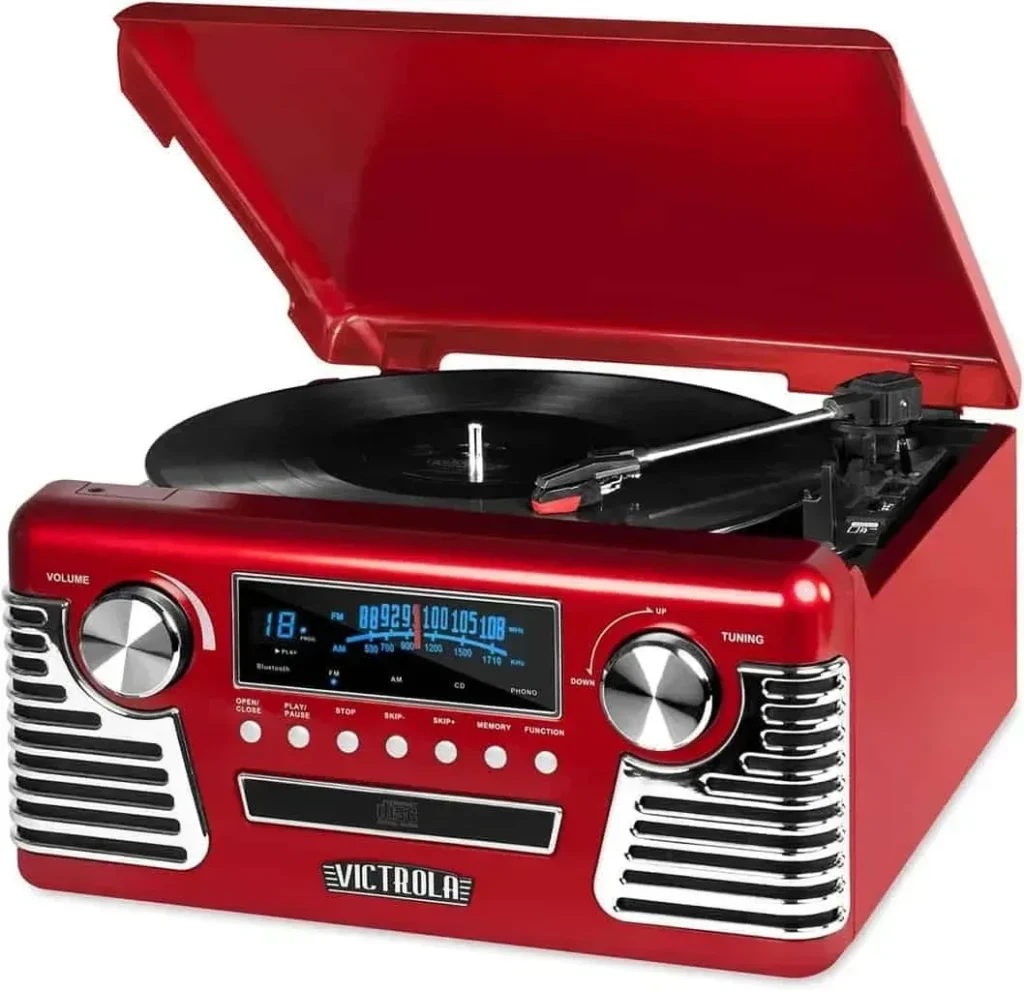 Victrola 50s Retro Bluetooth Record Player  Multimedia Center with Built-in Speakers - 3-Speed Turntable, CD Player, AM/FM Radio | Vinyl to MP3 Recording | Wireless Music Streaming | Red
