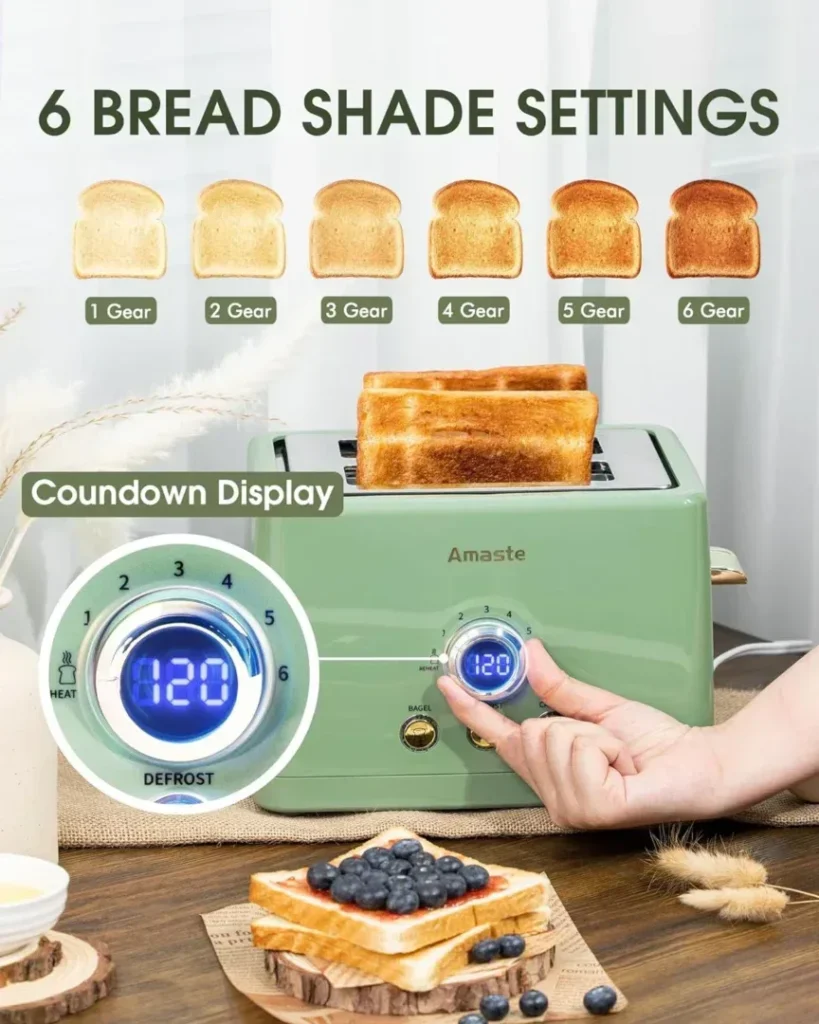 2 Slice Toaster, Retro Bread Toaster with LED Digital Countdown Timer, Extra Wide Slots Toasters with 6 Bread Shade Settings, Bagel, Cancel, Defrost Function, Stainless Steel with High Lift Lever, Removal Crumb Tray