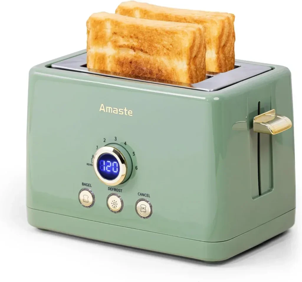 2 Slice Toaster, Retro Bread Toaster with LED Digital Countdown Timer, Extra Wide Slots Toasters with 6 Bread Shade Settings, Bagel, Cancel, Defrost Function, Stainless Steel with High Lift Lever, Removal Crumb Tray