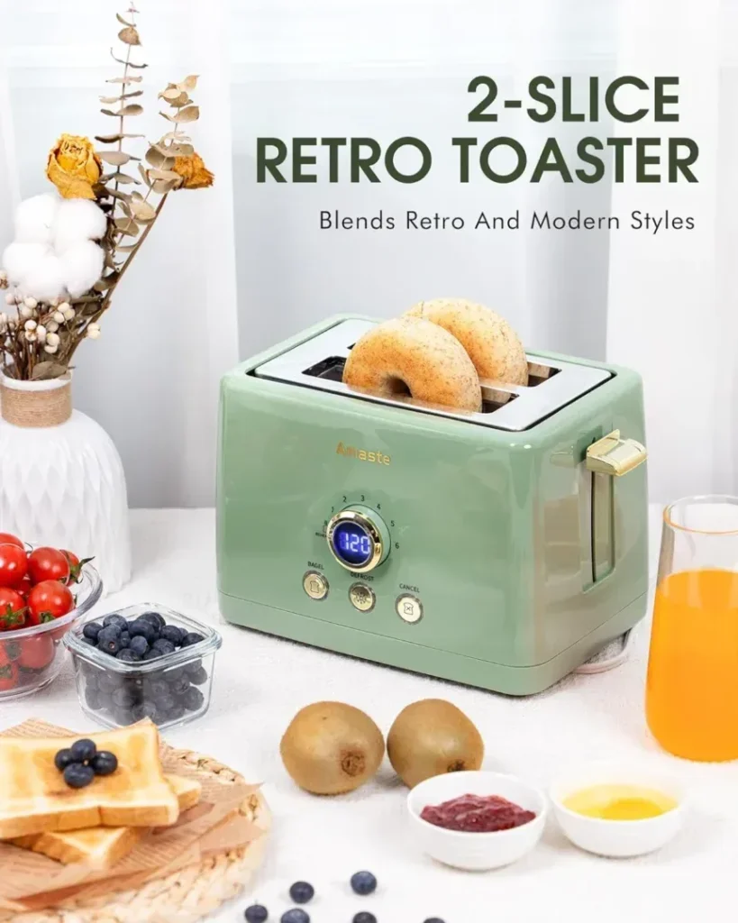2 Slice Toaster, Retro Bread Toaster with LED Digital Countdown Timer, Extra Wide Slots Toasters with 6 Bread Shade Settings, Bagel, Cancel, Defrost Function, Stainless Steel with High Lift Lever, Removal Crumb Tray