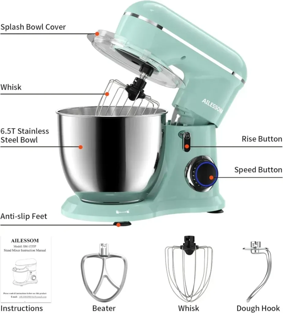 AILESSOM 3-IN-1 Electric Stand Mixer, 660W 10-Speed With Pulse Button, Attachments include 6.5QT Bowl, Dough Hook, Beater, Whisk for Most Home Cooks, Agave Green