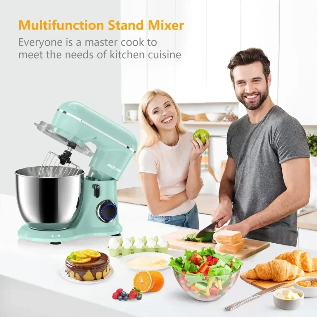 AILESSOM 3-IN-1 Electric Stand Mixer, 660W 10-Speed With Pulse Button, Attachments include 6.5QT Bowl, Dough Hook, Beater, Whisk for Most Home Cooks, Agave Green