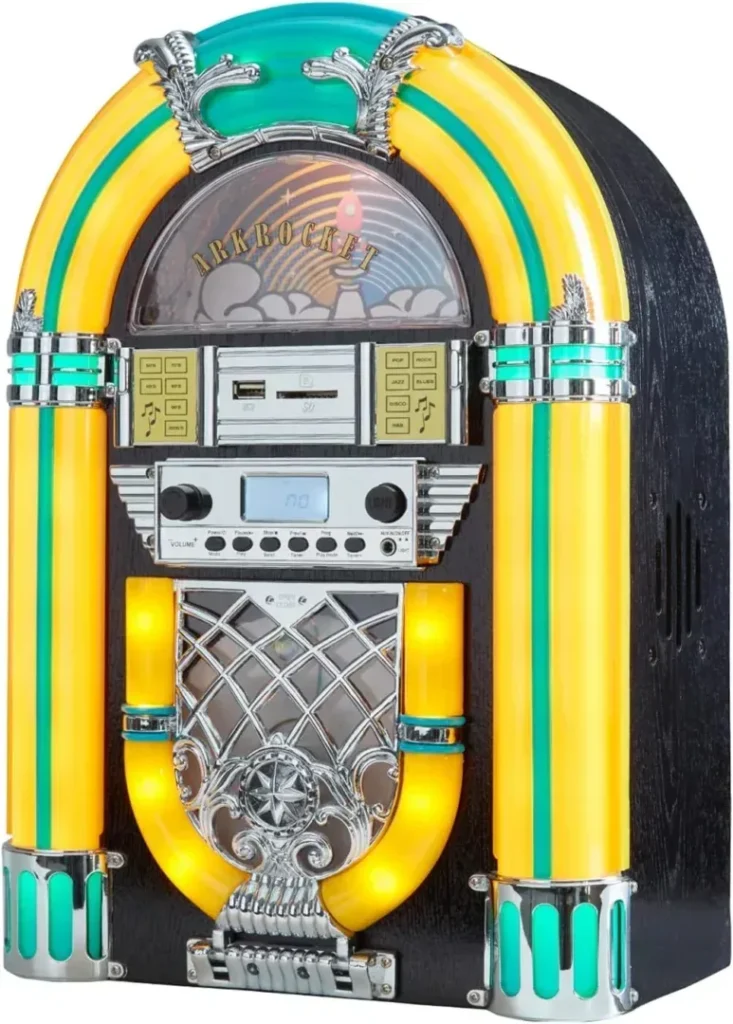 Arkrocket Athena Mini Jukebox/Tabletop CD Player/Bluetooth Speaker/Radio/USB and SD Card Player with Retro LED Lighting System (Yellow Green)