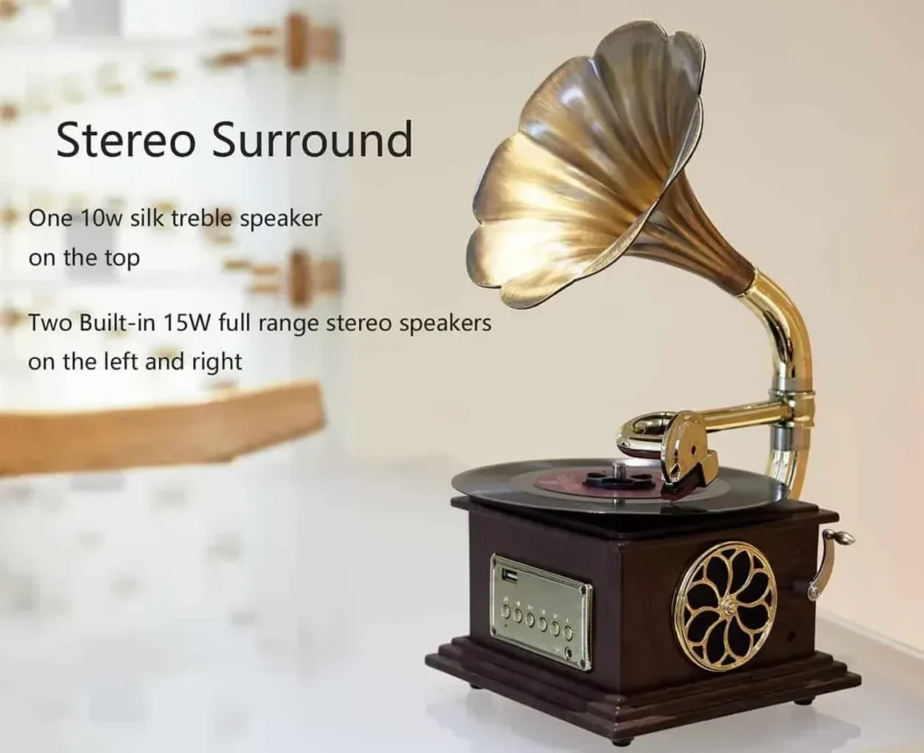 Asommet Gramophone Record Player Retro Turntable All in One Vintage Phonograph Nostalgic for LP with Copper Horn, Built-in Speaker 3.5mm Aux-in/USB/FM Radio Size:13.5in