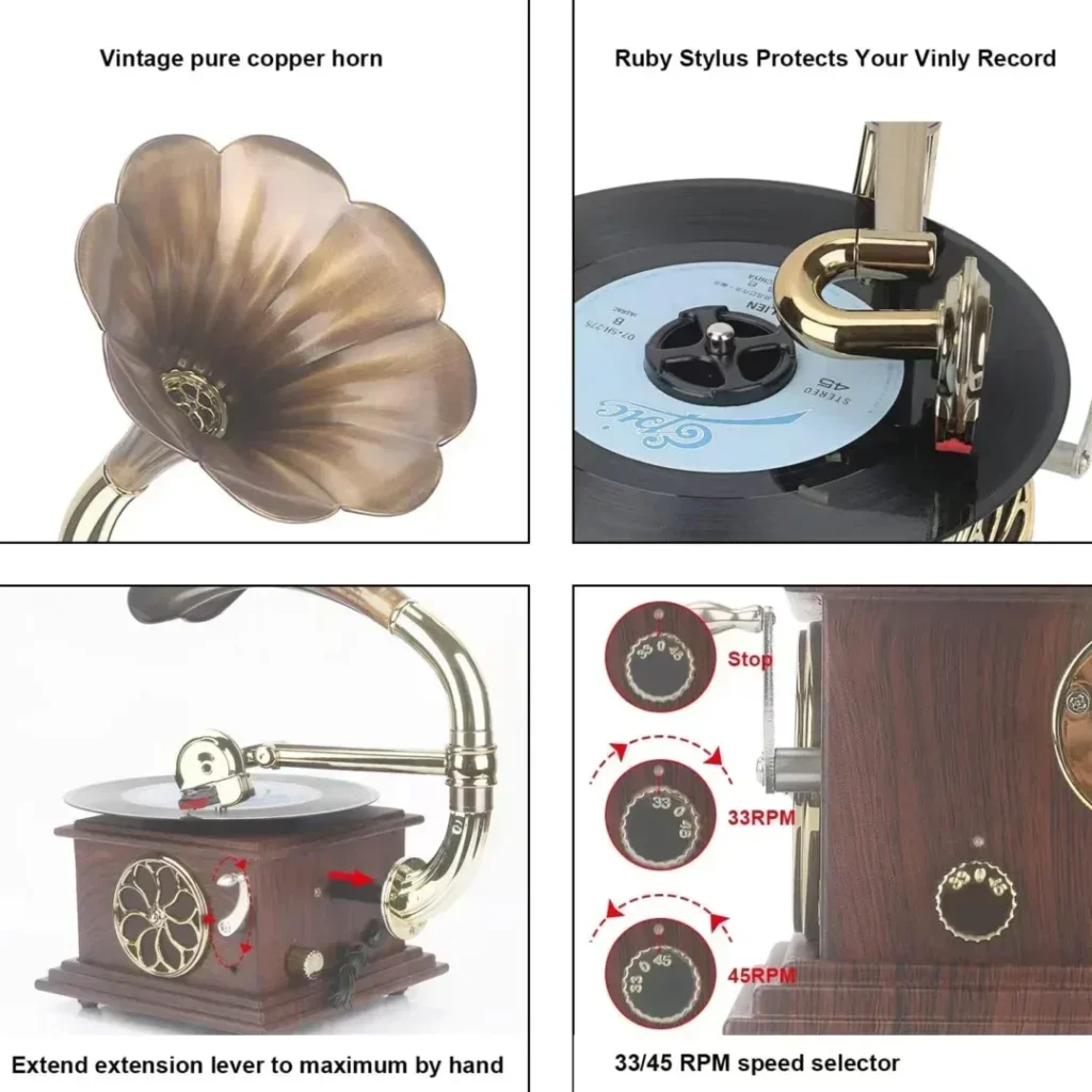 Asommet Gramophone Record Player Retro Turntable All in One Vintage Phonograph Nostalgic for LP with Copper Horn, Built-in Speaker 3.5mm Aux-in/USB/FM Radio Size:13.5in