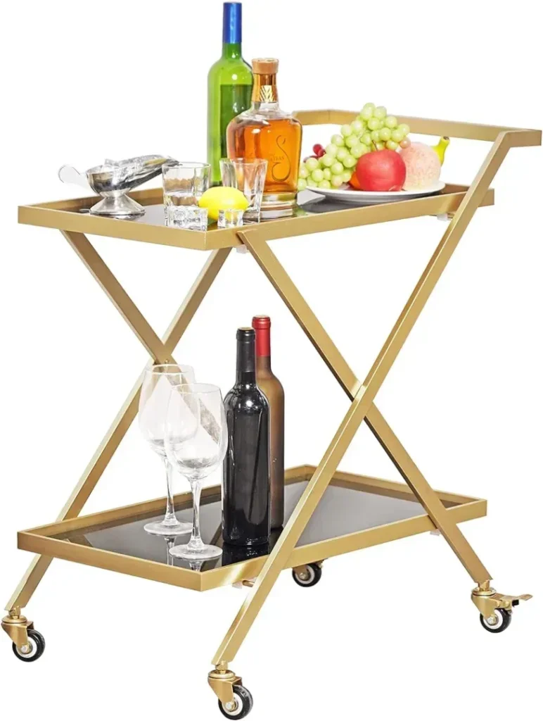Crofy Gold Bar Cart for The Home, No Screws Assembly Bar Cart, 2-Tier Snack Cart with 2 Black Tempered Glass Shelves, Portable Bar Cart with 2 Lockable Wheels