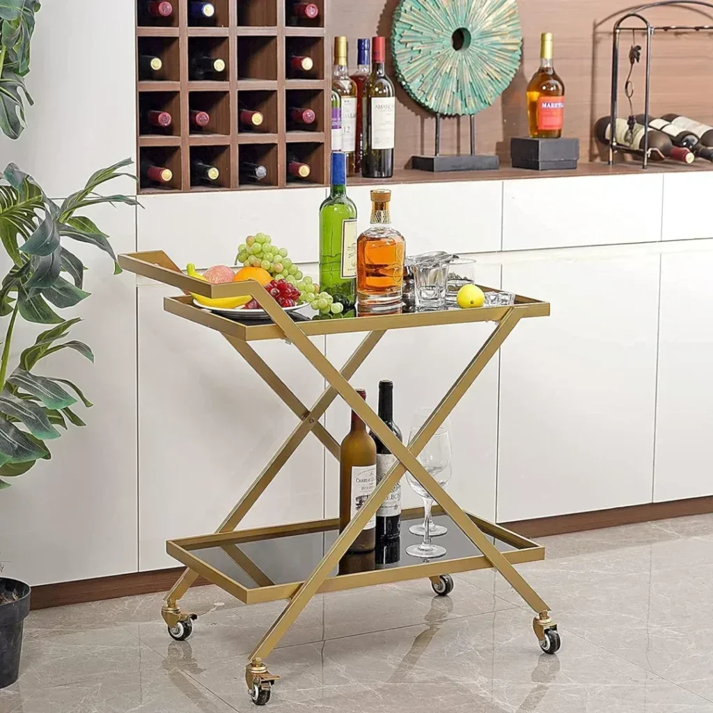 Crofy Gold Bar Cart for The Home, No Screws Assembly Bar Cart, 2-Tier Snack Cart with 2 Black Tempered Glass Shelves, Portable Bar Cart with 2 Lockable Wheels