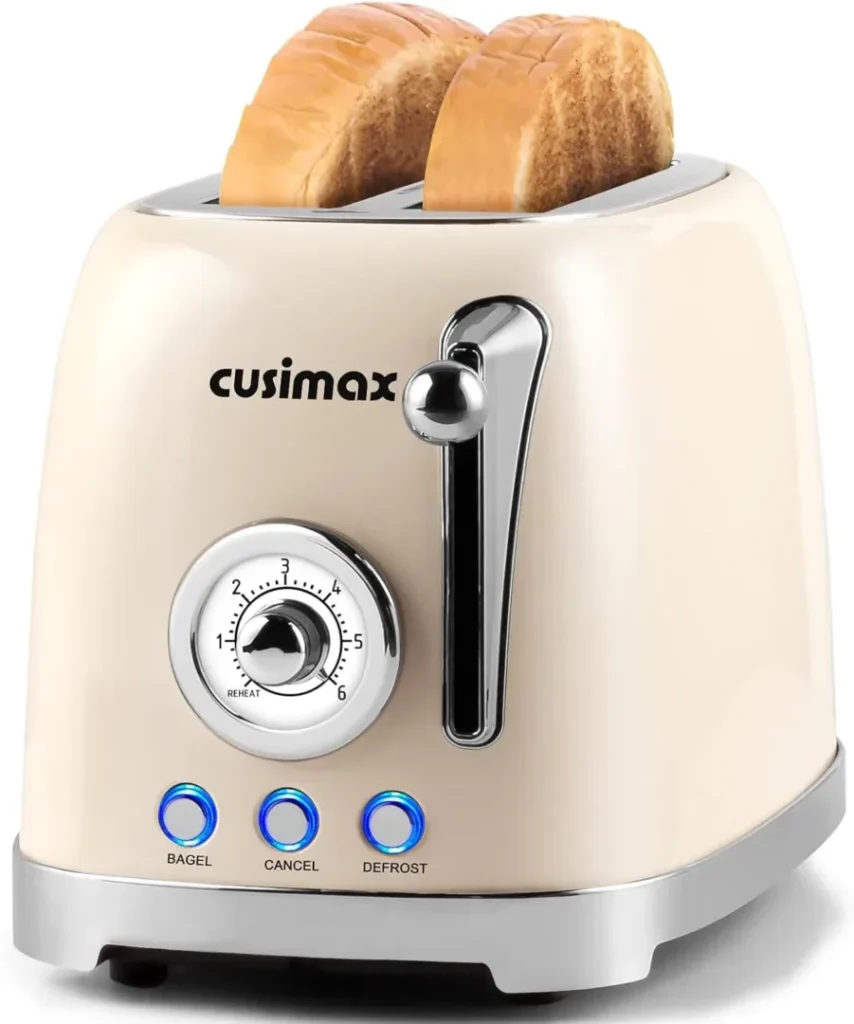 CUSIMAX Toaster 2 Slice with Extra Wide Slots for Bagels, Stainless Steel Toaster with 6 Toast Settings and 4 Functions, Bagel, Cancel, Defrost  Reheat, Removable Crumb Tray, Retro Toaster Black