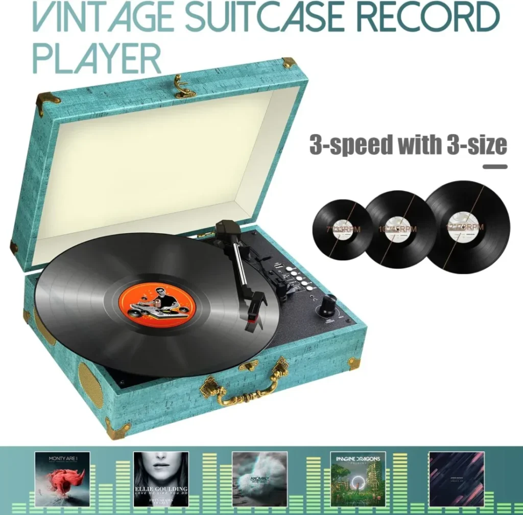 eyesen Suitcase Vinyl Record Player Bluetooth Turntable with Built-in Speakers,3 Speed Belt-Driven Phonograph Retro Turntable Player, Portable Vintage Suitcase LP Player USB Recording