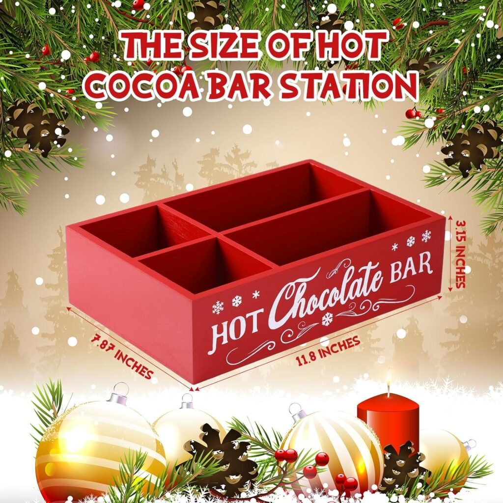 Geetery Christmas Hot Cocoa Bar Wood Station Organizer Countertop with 4 Compartment Cocoa Decorative Storage Bins Vintage Open Holder Box for Xmas Holiday Gift Party Home Supplies(Red)