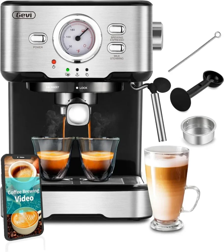 Gevi Espresso Machines 15 Bar Fast Heating Automatic Cappuccino Coffee Maker with Foaming Milk Frother Wand for Espresso, Latte Macchiato, Cuppucino, Removable Water Tank