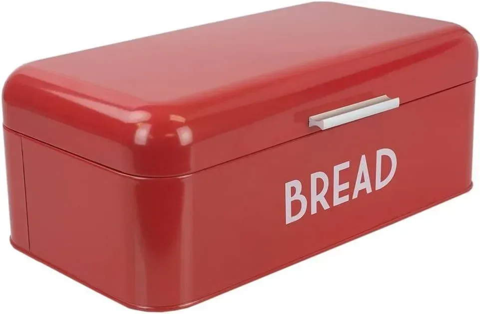 Home Basics Grove Bread Box For Kitchen Counter Dry Food Storage Container, Bread Bin, Store Bread Loaf, Dinner Rolls, Pastries, Baked Goods  More, Retro Vintage Design, Red