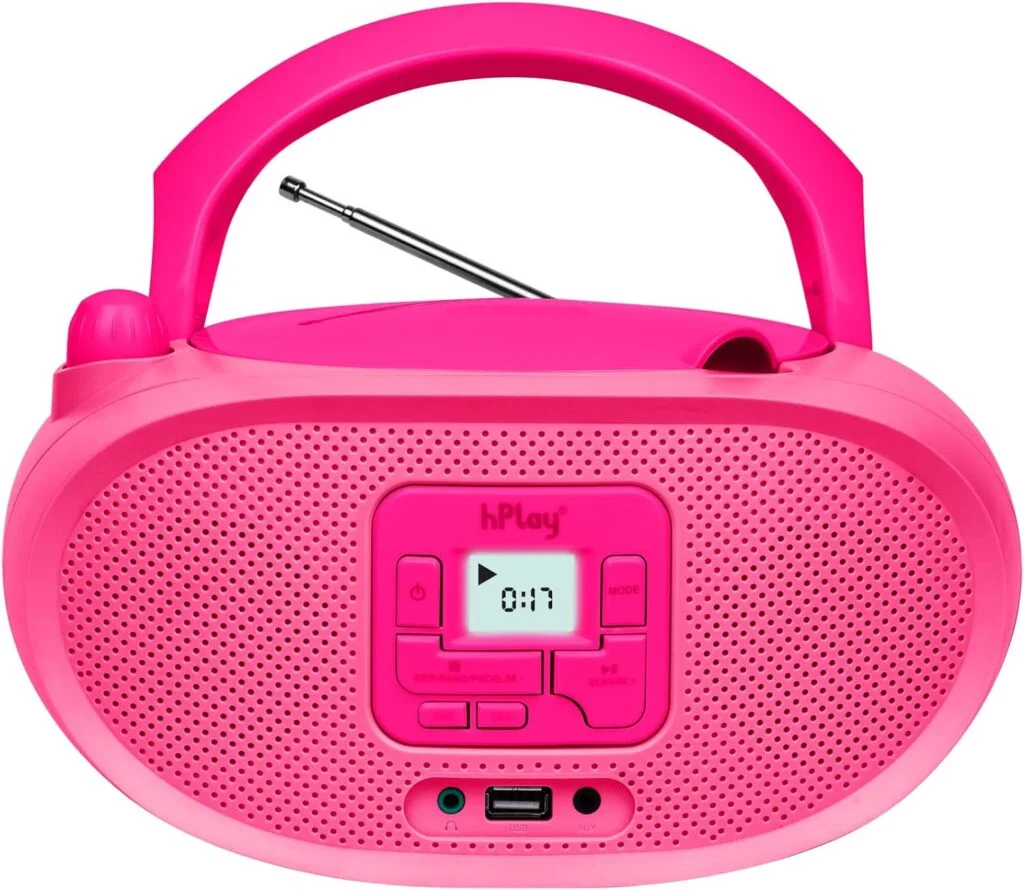 hPlay Gummy GC04 Portable CD Player Boombox with AM FM Digital Tunning Stereo Radio Kids CD Player LCD Display, Aux-Port Supported AC or Battery Powered - Pastel Pink