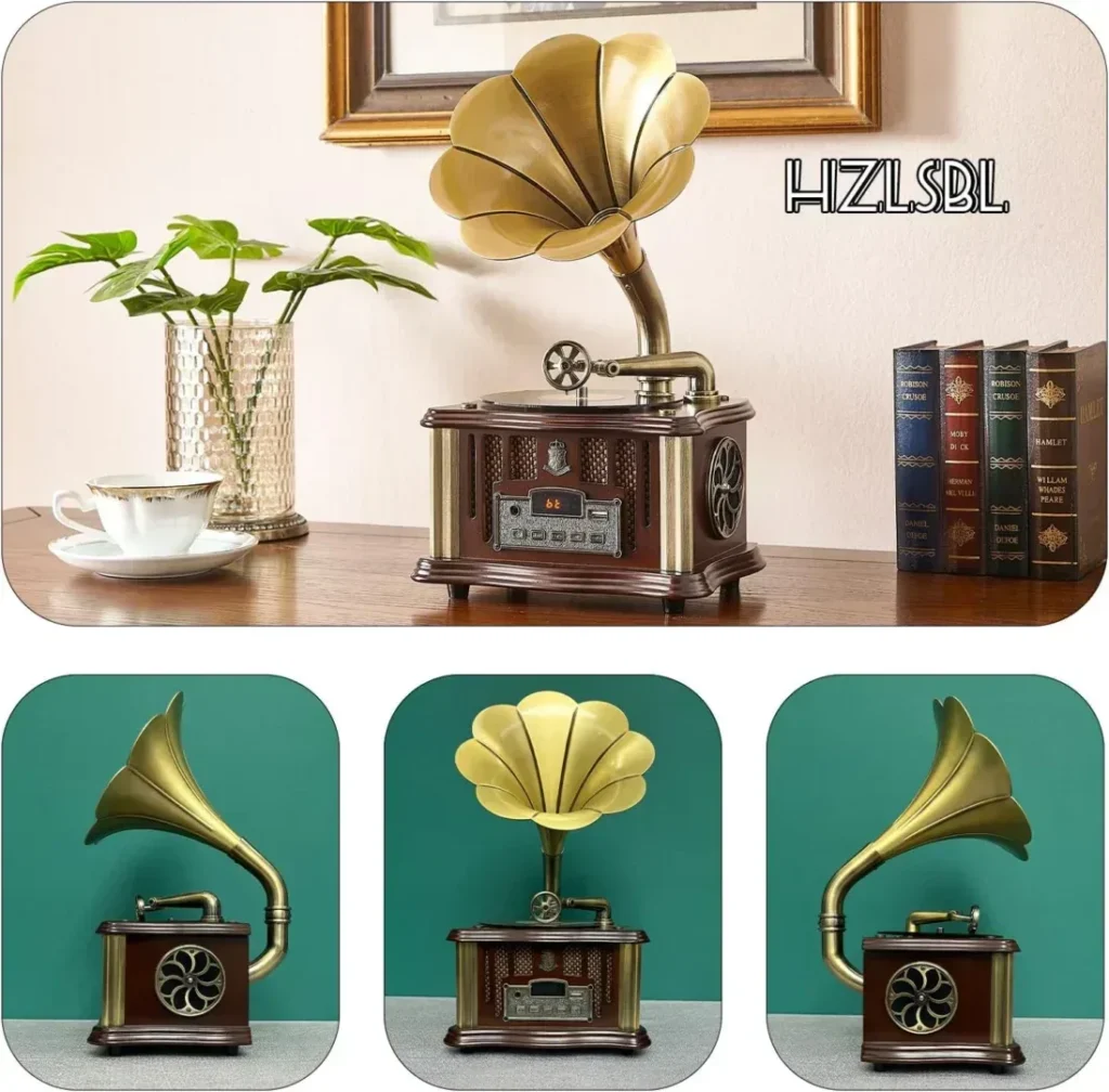 HZLSBL Vintage Gramophone Bluetooth 4.2 Phonograph Record Player All in One Built-in 2 Stereo Speakers, Simulated Vinyl Record Player Turntable,Radio AM FM Player (Coffee,Without Record Player)