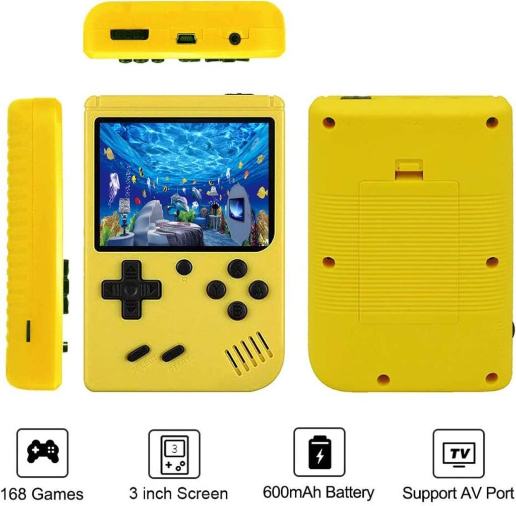 JAFATOY Retro Handheld Games Console for Kids/Adults, 168 Classic Games 8 Bit Games 3 inch Screen Video Games with AV Cable Play on TV (Yellow)