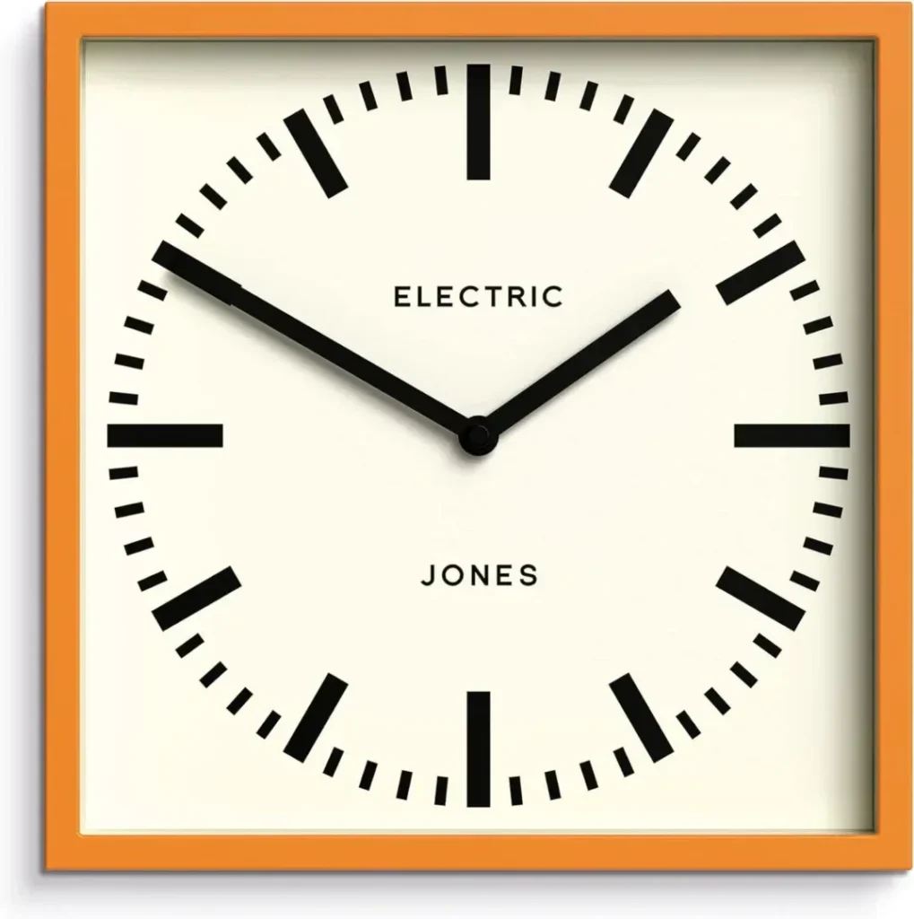 JONES CLOCKS® Box Railway Dial Wall Clock - Square Clock - Station Clock - Kitchen Clock - Office Clock - Retro Clock - Designer Clock - Colourful Case - Station Dial (Orange)