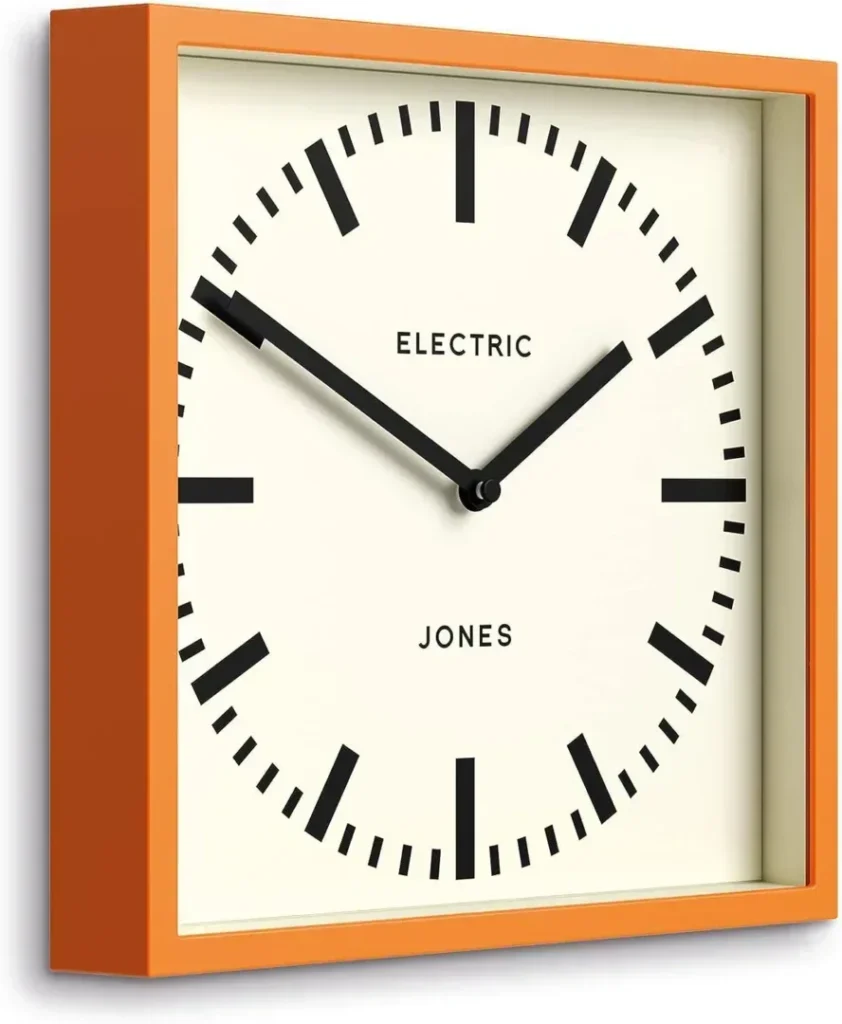 JONES CLOCKS® Box Railway Dial Wall Clock - Square Clock - Station Clock - Kitchen Clock - Office Clock - Retro Clock - Designer Clock - Colourful Case - Station Dial (Orange)