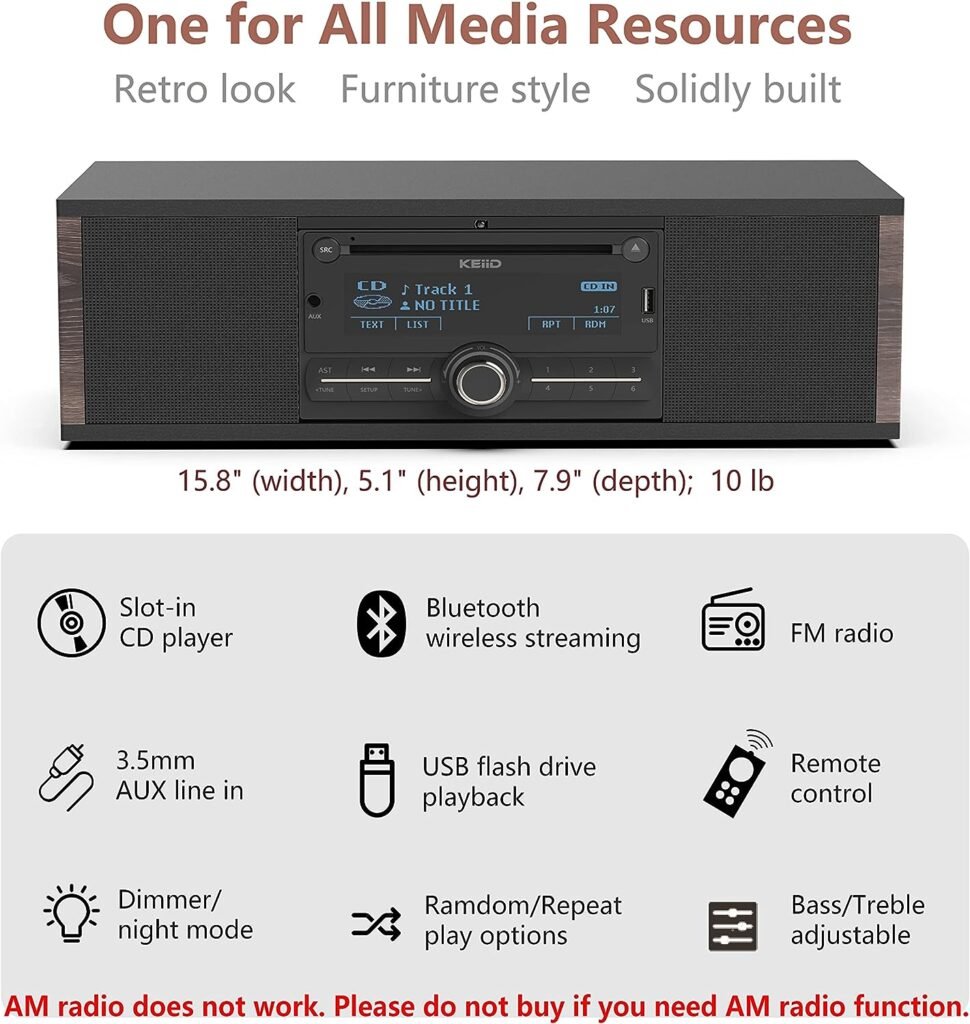 KEiiD Retro CD Players for Home with Speakers Wooden Booombox Stereo System with Bluetooth Receiver FM Radio Tuner USB AUX, Bass/Treble Adjustable