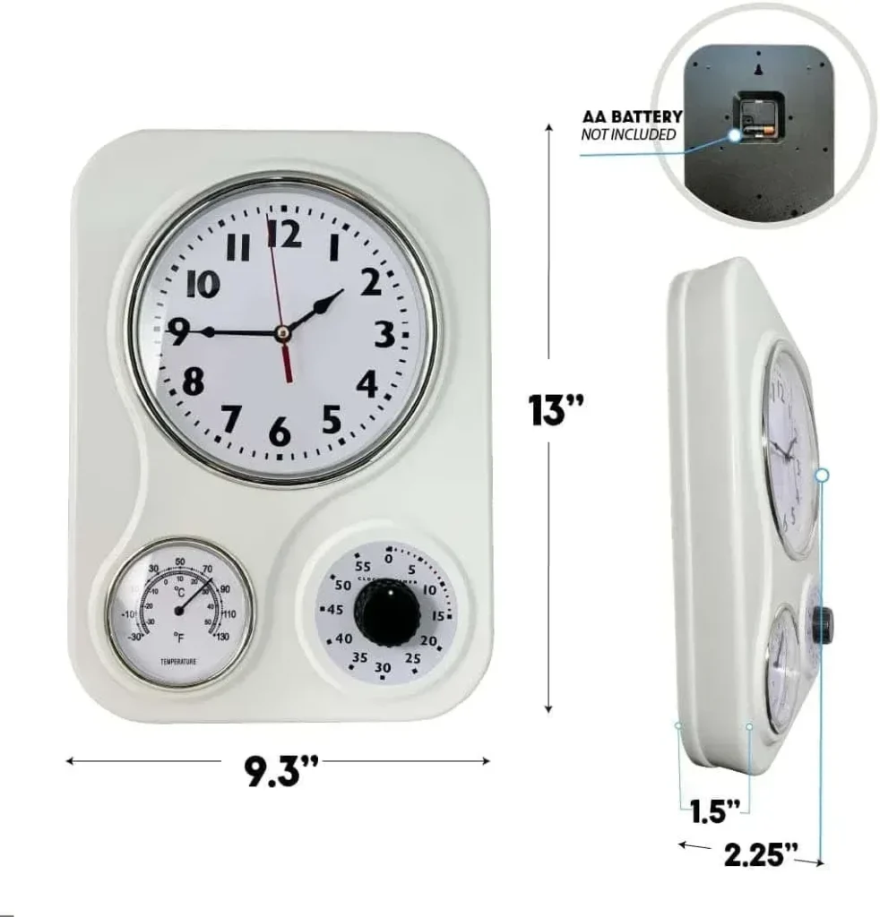Lilys Home Retro Kitchen Wall Clock, with a Thermometer and 60-Minute Timer, Ideal for Any Kitchen, Turquoise (9.5 in x 13.3 in)