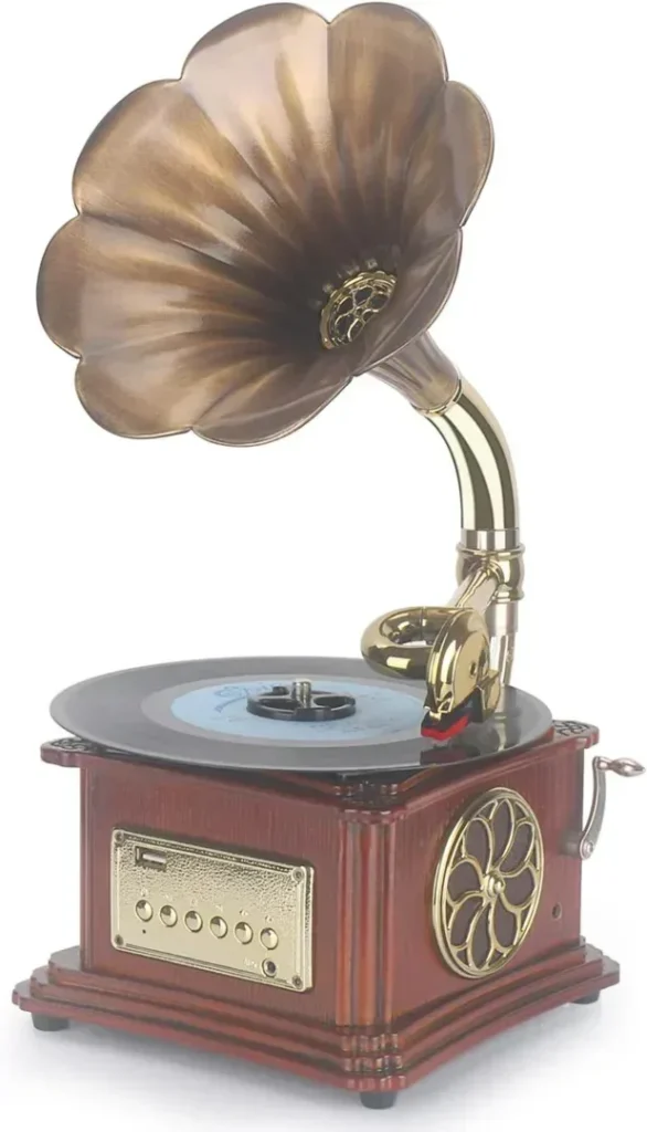 Mini Vintage Retro Gramophone Phonograph Shape Stereo Speaker Sound System Music Box 3.5mm Audio Blue Tooth 4.2 Aux-in/USB Flash Drive