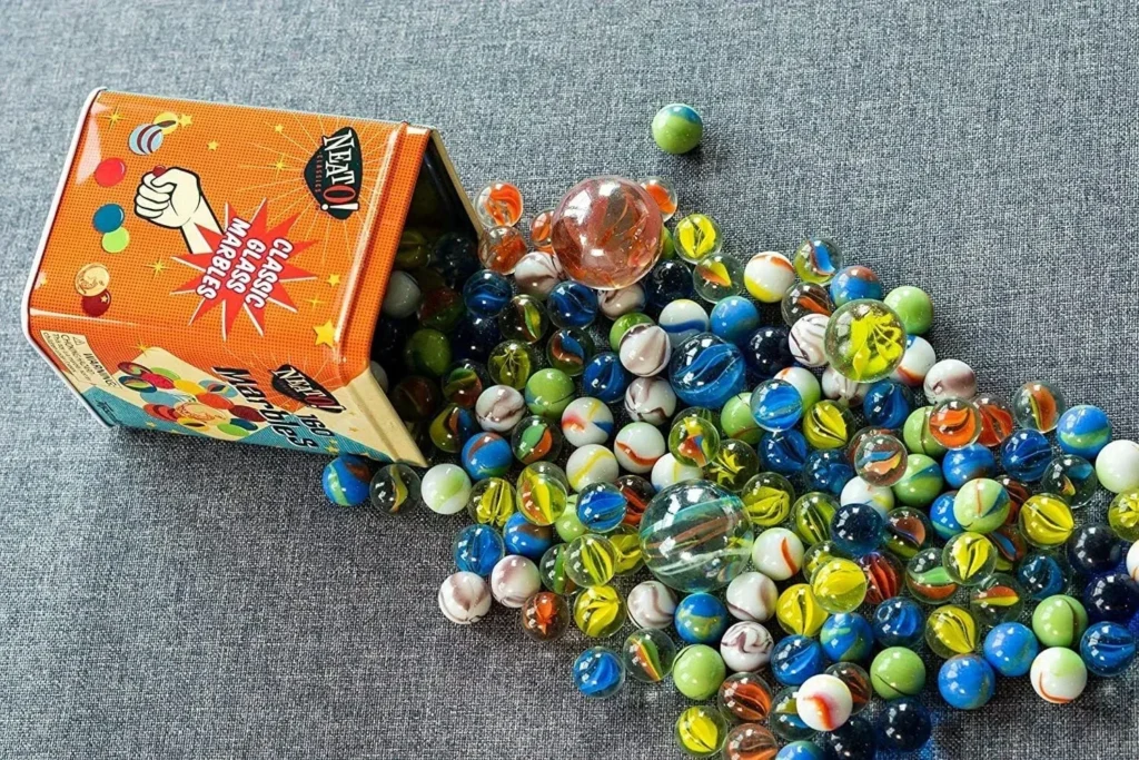 Neato! Classics 160 Marbles In A Tin Box by Toysmith - Retro Nostalgia Glass Shooter, Marble Games Are Timeless Play For Kids - Boys  Girls