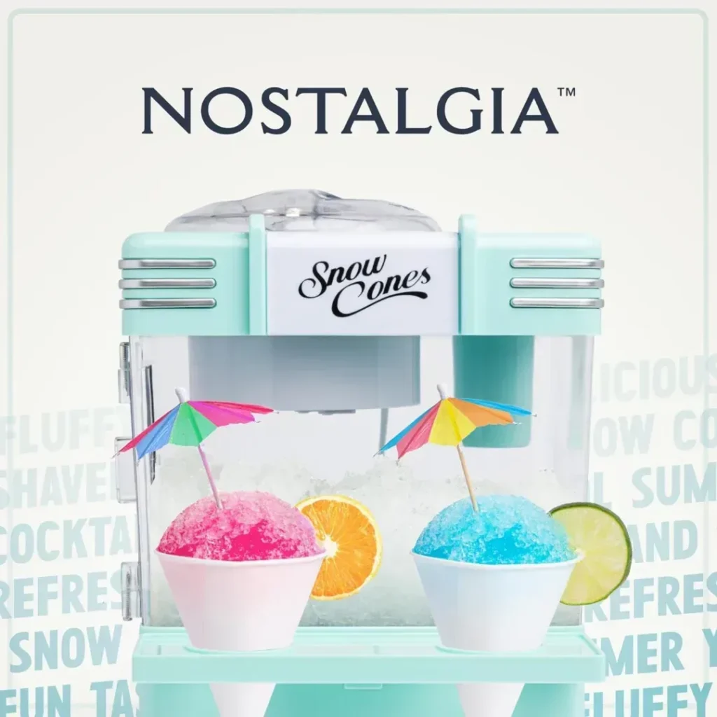 Nostalgia Snow Cone Shaved Ice Machine - Retro Table-Top Slushie Machine Makes 20 Icy Treats - Includes 2 Reusable Plastic Cups  Ice Scoop - Aqua