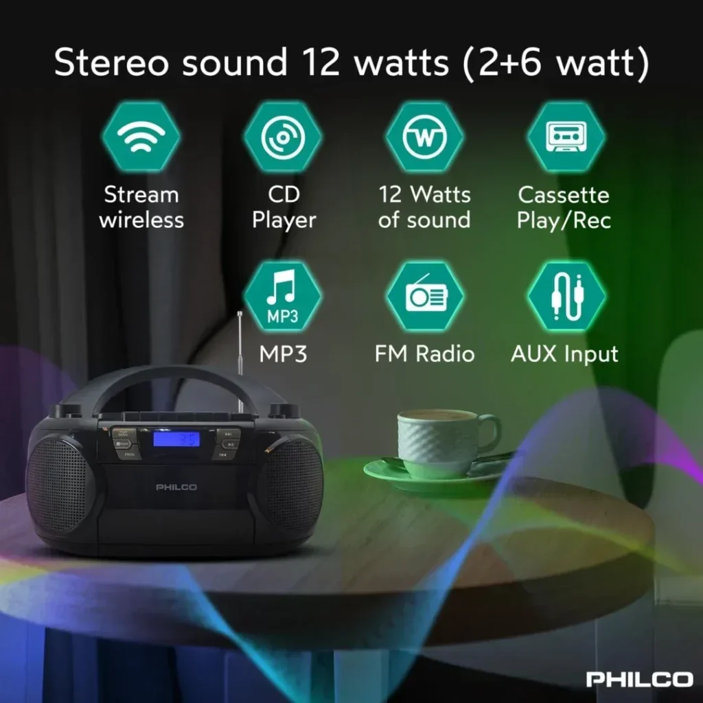Philco Bluetooth CD Boombox with Cassette, MP3 CD USB Playback The Ultimate Retro Music Combo with Best Class Sound Performance, 12 watts, and Telescopic FM Antenna Provides Maximum Radio Reception