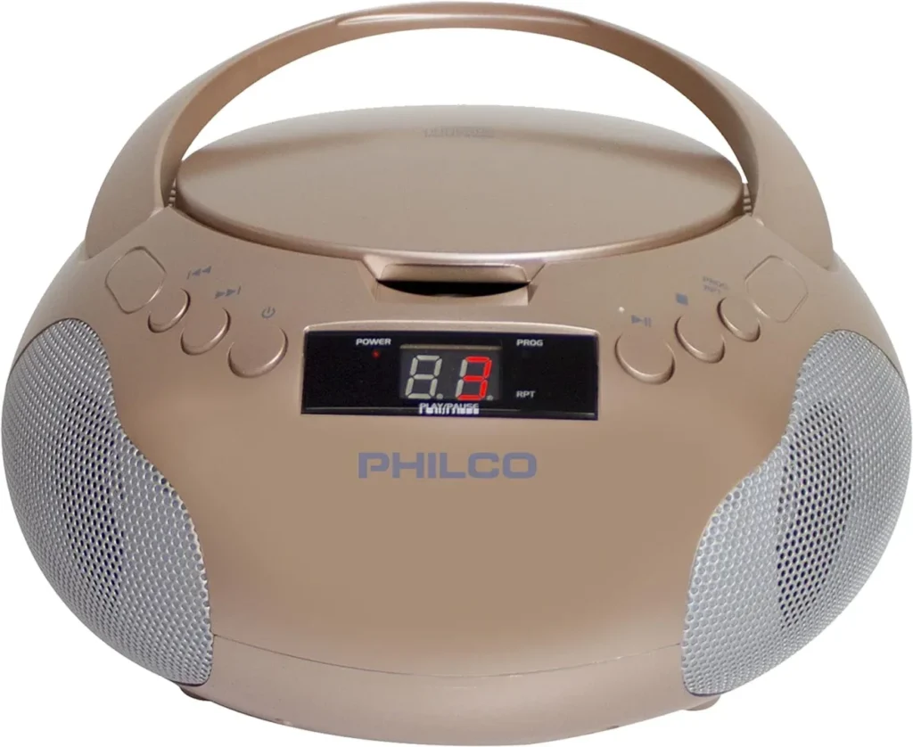 Philco Portable CD Player Boombox with Speakers and AM FM Radio | Rose Gold Boom Box CD Player Compatible with CD-R/CD-RW and Audio CD | 3.5mm Aux Input | Stereo Sound | LED Display