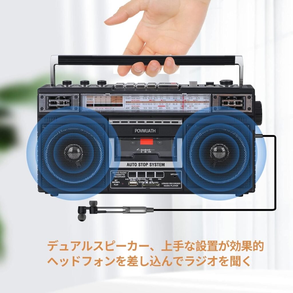 Portable Cassette Player Boombox AM/FM/SW1/SW2 Radio Tape Player Recorder with Bluetooth Microphone