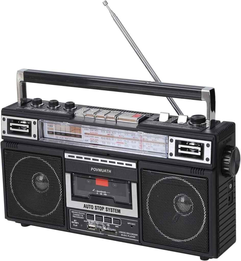 Portable Cassette Player Boombox AM/FM/SW1/SW2 Radio Tape Player Recorder with Bluetooth Microphone