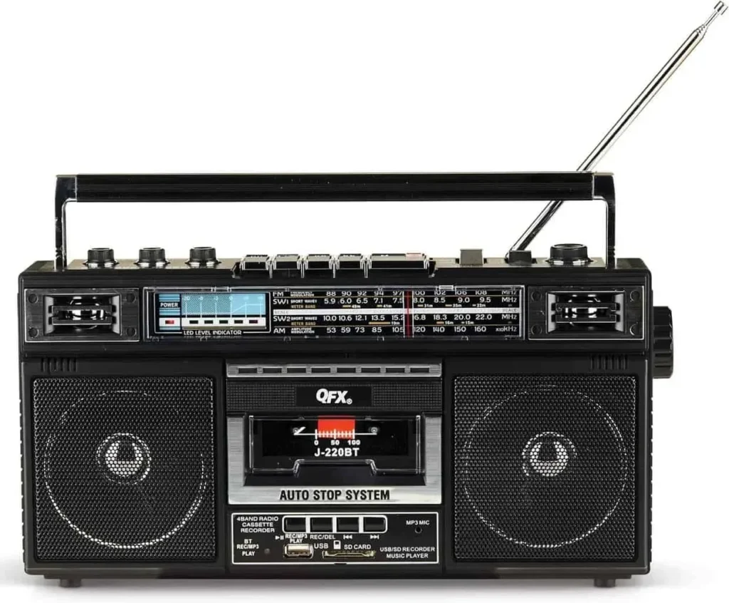 QFX J-220BT Boombox MP3 Conversion from Radio to Cassette with 4-Band (AM, FM, SW1, SW2) Radio with Bluetooth, Dual 3” Speakers, Built-in Microphone, Recorder, and a 3-Band Equalizer