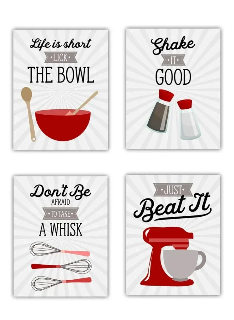 Red Retro Vintage Kitchen Wall Art Prints - Set of 4-8x10 UNFRAMED Gray, Red  White Kitchen Utensil Prints Perfect for Rustic, Modern Farmhouse, Country Decor.