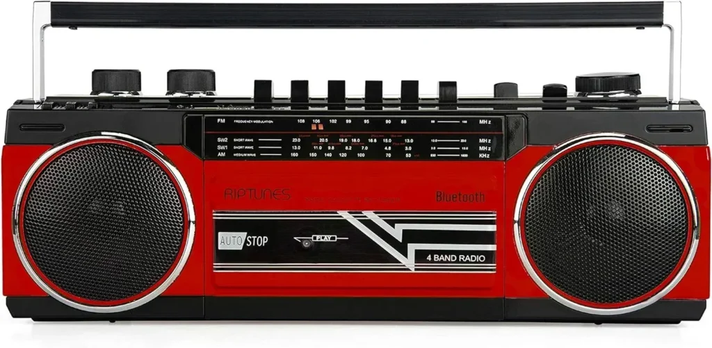 Riptunes Cassette Boombox, Retro Blueooth Boombox, Cassette Player and Recorder, AM/FM/SW-1-SW2 Radio-4-Band Radio, USB, and SD, RED