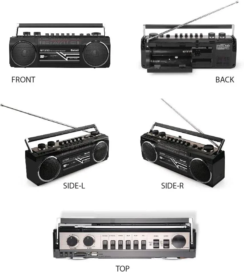 Riptunes Cassette Boombox, Retro Blueooth Boombox, Cassette Player and Recorder, AM/FM/SW-1-SW2 Radio-4-Band Radio, USB, and SD, RED
