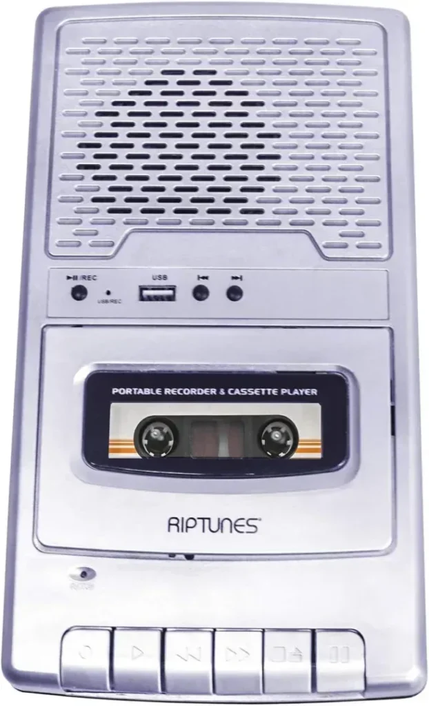 Riptunes Portable Cassette Recorder Player, Tape to USB Audio Music Digital Converter, Retro Classroom Shoebox Cassette Player and Recorder USB Player, Cassette-MP3 Converter with Built-in Microphone