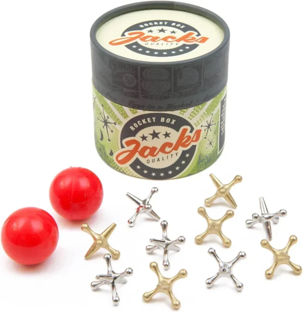 Rocket Box Jacks Game: Retro Toys, Vintage, Classic Games of Jacks, Gold and Silver Toned Jax, Two Red Bouncy Balls, Fun Toys for Kids and Adults of All Ages. Family Board Games Night. Travel Size.