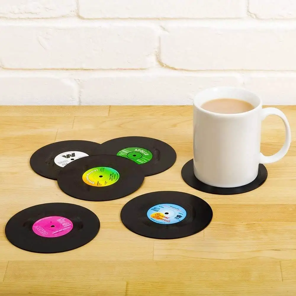 Set of 6 Cute Retro Vinyl Coasters - Funny Record Decoration Disk Furniture - Creative Drinks Equipment Music Ideas for Bar, Home, Restaurant, Apartment, Room - Mini Decor Drink Cup Stuff Holder Tool