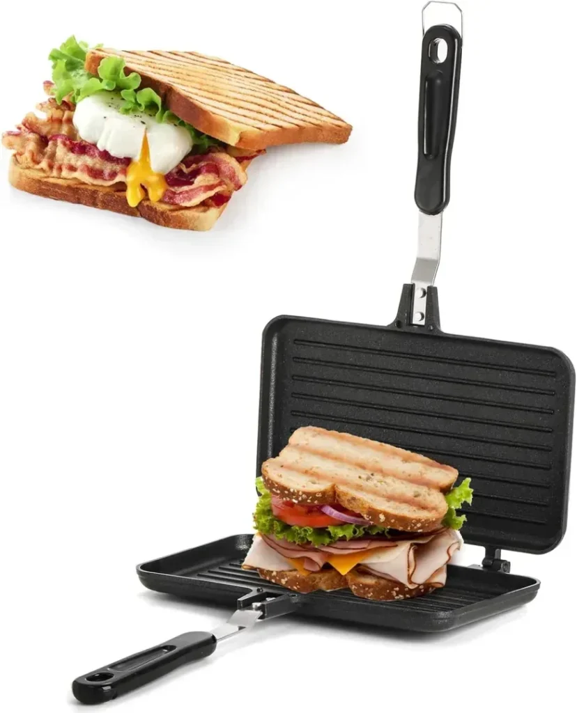 SOUJOY Sandwich Maker, Non-stick Grill Panini Maker Pan with Handle, Stovetop Toasted Aluminum Flip Pan Indoor Outdoor Home Kitchen Breakfast