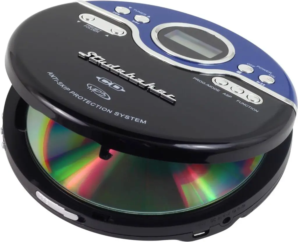 Studebaker Retro Portable CD Player | CD-R/RW MP3 Playback | Programmable Personal CD Player | Anti-Skip | FM Radio | Mega Bass Boost | Sport Earbuds (Vintage Blue)