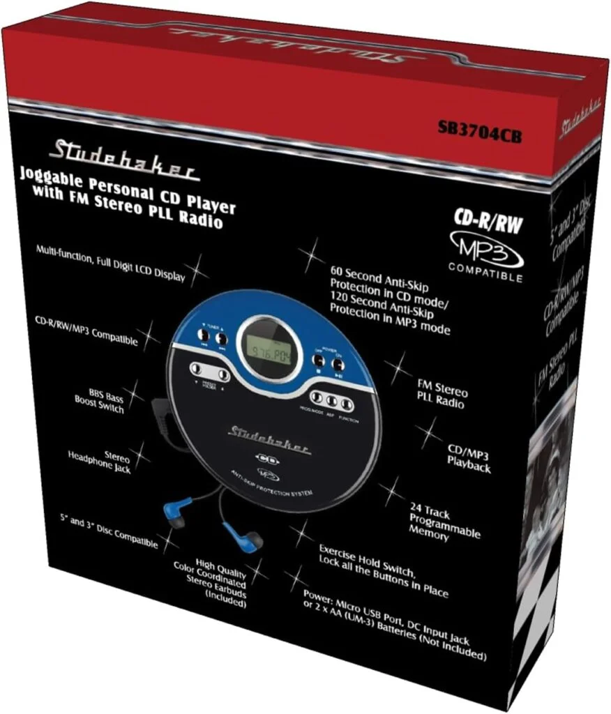Studebaker Retro Portable CD Player | CD-R/RW MP3 Playback | Programmable Personal CD Player | Anti-Skip | FM Radio | Mega Bass Boost | Sport Earbuds (Vintage Blue)