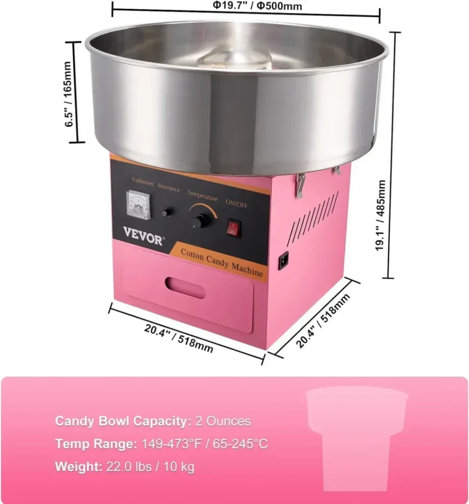 VEVOR Electric Cotton Candy Machine 1000W Commercial Floss Maker w/Stainless Steel Bowl, Sugar Scoop and Drawer, Perfect for Home, Carnival, Kids Birthday, Family Party, Without Cover, Pink
