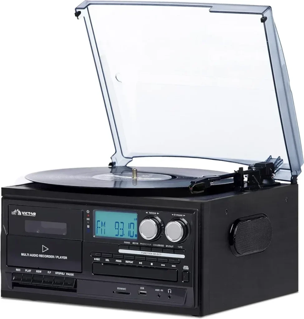 VICTOR Cosmopolitan 8-in-1 Turntable Music Center with 3-Speed Record Player, CD/MP3/Cassette Player, AM/FM Radio, Dual Bluetooth in  Out, USB Playback  Record,  Built-in Stereo Speakers, Black