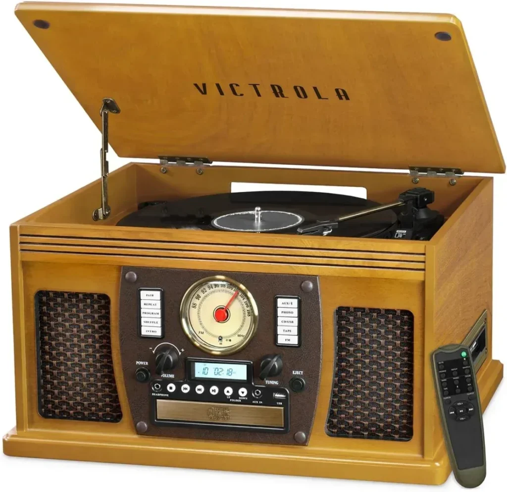 Victrola 8-in-1 Bluetooth Record Player  Multimedia Center, Built-in Stereo Speakers - Turntable, Wireless Music Streaming, Real Wood | Oak