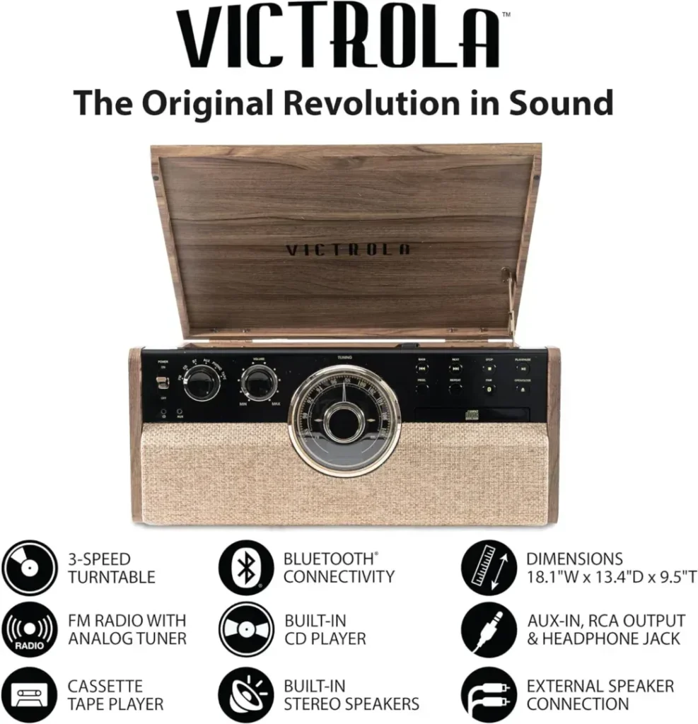 Victrola VTA-270B-FNT Empire Bluetooth 6 In 1 Music Center (33/45/78) (Farmhouse Walnut)