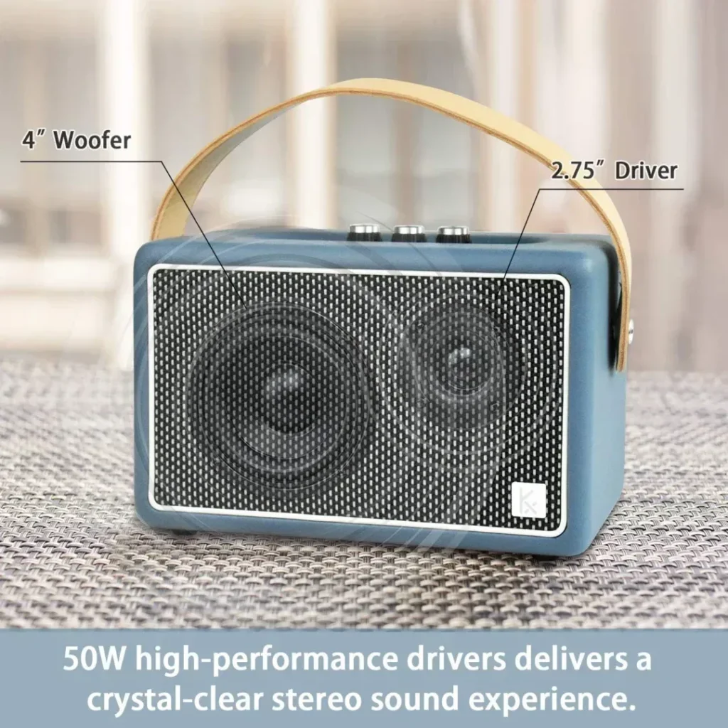 Vintage Bluetooth Speakers, KONEX 40W Leather Portable Wireless Speaker, Bluetooth 4.2 Heavy Bass Music Player, 20H Long Playtime, Mid Century Modern Decor for Home, Office, Party, Gift for Friend