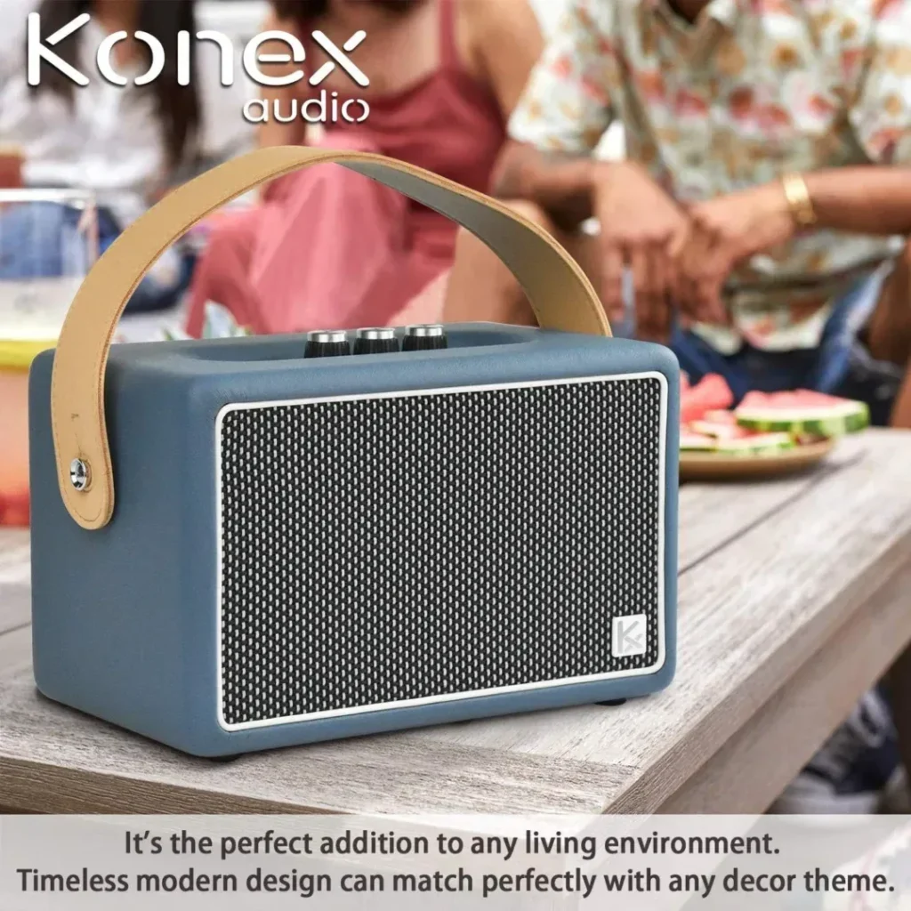Vintage Bluetooth Speakers, KONEX 40W Leather Portable Wireless Speaker, Bluetooth 4.2 Heavy Bass Music Player, 20H Long Playtime, Mid Century Modern Decor for Home, Office, Party, Gift for Friend
