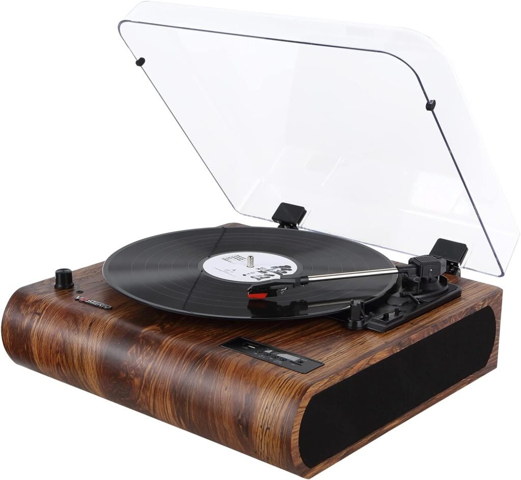 VOSTERIO Bluetooth Record Player, 3 Speed Turntable with Built-in Speakers, Retro LP Vinyl Player with BT Input  Output, FM Radio, USB  SD Card Recording, Aux in, LED Display