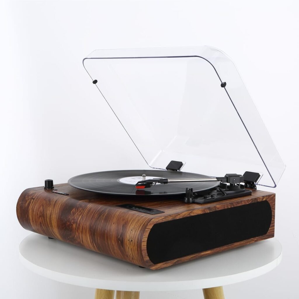 VOSTERIO Bluetooth Record Player, 3 Speed Turntable with Built-in Speakers, Retro LP Vinyl Player with BT Input  Output, FM Radio, USB  SD Card Recording, Aux in, LED Display