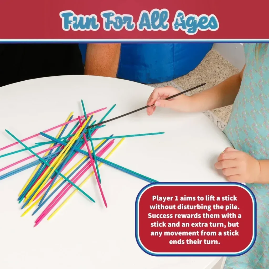 Way Back Toys Pick Up Sticks, 30 colorful wooden sticks and easy to carry container, game of steady hands and skill, novelty family fun game for ages 5 and up